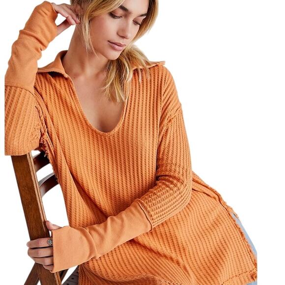 Free People Orange Long Sleeve Raymond Collared Thermal Medium - Picture 1 of 9